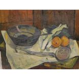 RONGIER (20th Century) IN THE MANNER OF GAUGUIN "Oranges, pan and skimmer on a table",