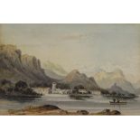 JOHN VARLEY (1778-1842) "Mountainous lake landscape with figures in boat in foreground, watercolour,