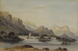 JOHN VARLEY (1778-1842) "Mountainous lake landscape with figures in boat in foreground, watercolour,