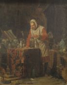 18TH CENTURY DUTCH SCHOOL "Alchemist at work in his laboratory, a mouse on floor in the foreground",