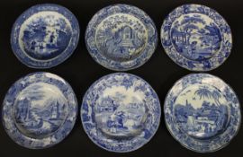 A collection of six early 19th Century English blue and white transfer decorated plates including