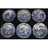 A collection of six early 19th Century English blue and white transfer decorated plates including