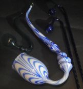 Four glass pipes, two Bristol blue with twisted stems,