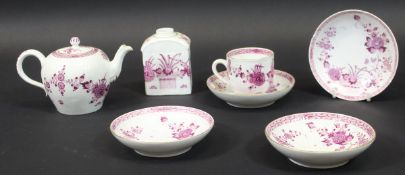 A Meissen part tea service with puce and gilt floral spray decoration on a ribbed body comprising