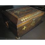 A 19th Century rosewood and brass inlaid workbox of sarcophagus form,