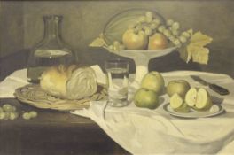 CHRISTOPHER IRONSIDE (1913-1992) "Fruit, bread and water on a table", still life study,