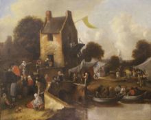 18TH CENTURY DUTCH SCHOOL "Market scene with figures by a bridge and building in foreground",