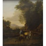 FOLLOWER OF KAREL DUJARDIN (1622-1678) "Figure with donkeys and dog on a roadway" landscape