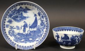 An 18th Century Caughley 'Fisherman with fish on a punt' tea bowl and saucer bearing Salopian 'S'