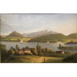 20TH CENTURY ROMAN SCHOOL "Geneve", a mountainous lake landscape study with figure in foreground,