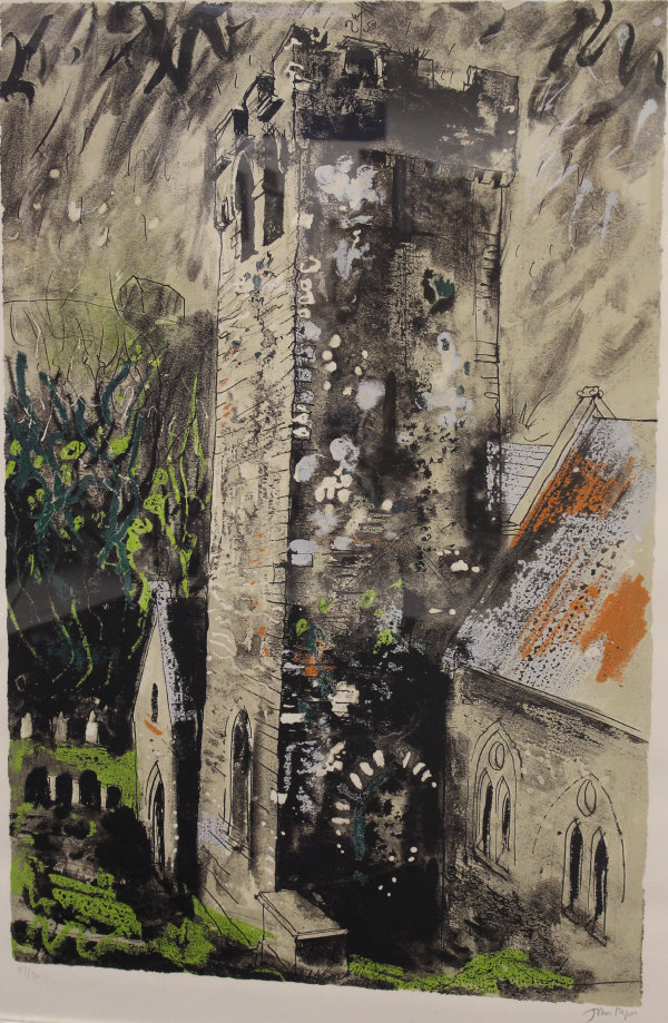 AFTER JOHN PIPER (1903-1992) "Church tower" (possibly Seaton or Hollamby), screen print in colours,