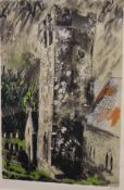 AFTER JOHN PIPER (1903-1992) "Church tower" (possibly Seaton or Hollamby), screen print in colours,