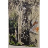 AFTER JOHN PIPER (1903-1992) "Church tower" (possibly Seaton or Hollamby), screen print in colours,