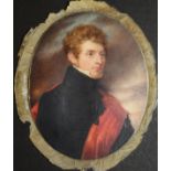 EARLY 19TH CENTURY ENGLISH SCHOOL "Young man in black coat with red sash",