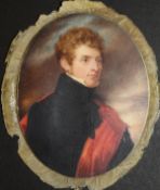 EARLY 19TH CENTURY ENGLISH SCHOOL "Young man in black coat with red sash",