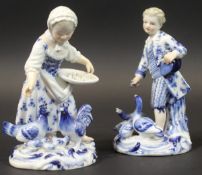 A pair of late 19th/early 20th Century Meissen figures, she feeding chickens, he feeding ducks,