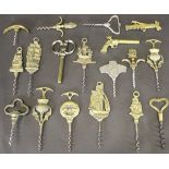 A box of mainly brass handled novelty corkscrews including Mayflower and other sailing vessels -