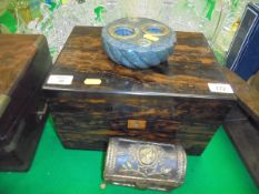 A Victorian coromandel vanity box with hinged rising lid with inset mother of pearl plaque opening