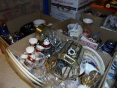 Six boxes containing assorted modern glass and china wares, ceiling lights,