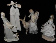 A Lladro figure group of woman with child and donkey, girl in medieval dress,