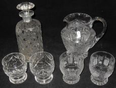 Six Webb Corbett glass tumblers, two decanters, two jugs, vases,