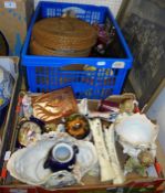 Two boxes containing assorted china and glassware to include paperweights, vases, ornament of seals,