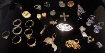 A bag of various costume jewellery to include a pair of Archibald Knox style silver earrings,