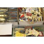 Two boxes of cars and one box of trains to include examples by Lesney, Lledo, Matchbox,