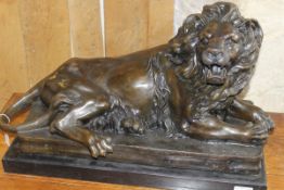 AFTER ANTOINE LOUIS BARYE "Snarling recumbent lion", bronze, with chocolate brown patination,