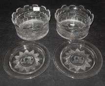 Two glass bowls in the manner of William Yeoward with castellated rim, brickwork body, cut base,