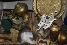 Three boxes of various metal wares to include brass decorations,