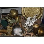Three boxes of various metal wares to include brass decorations,
