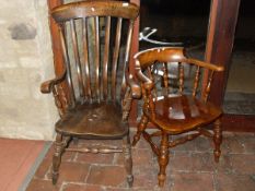 A beech framed elm seated kitchen chair with slat back and turned legs,