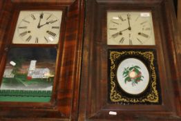 Two mahogany wall clocks with Roman numerals to the enamelled dials
