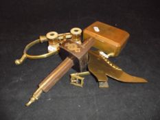 A pair of brass spurs, a pair of brass mother of pearl Opera glasses, a Marples joiners bradle,