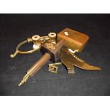 A pair of brass spurs, a pair of brass mother of pearl Opera glasses, a Marples joiners bradle,