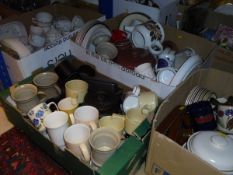 Four boxes of assorted china to include various modern mugs, etc,