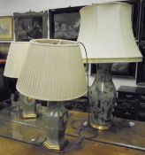 A pair of modern Chinese style green ground table lamps with gilt bases,