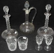 Two decanters, one claret decanter, various tumblers, bowls,