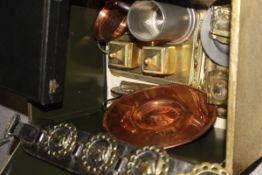 A selection of brass and copper and metal wares to include brass inkwells, copper plates,