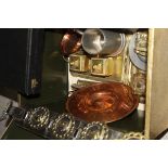 A selection of brass and copper and metal wares to include brass inkwells, copper plates,