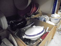 Five boxes of sundry china and glass to include washing jugs / toilet set, tureens, lamps, vases,