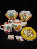 A collection of Bradex Clarice Cliff design china wares to include Wedgewood Caravan appliqué plate,