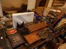 Four boxes of sundry items to include various wooden boxes, Davey style lamps, candelabra,