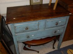 A pine side table the sky blue painted base with two short and one long drawers on square section