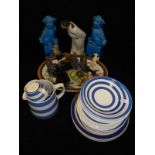 A quantity of various Cornishware tea wares, a pair of turquoise pottery dog of Fo figures,