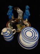 A quantity of various Cornishware tea wares, a pair of turquoise pottery dog of Fo figures,