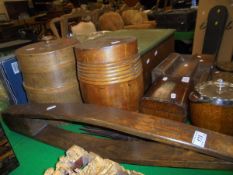 An oak thatcher's tool and two coopered oak boxes