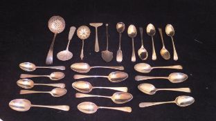 A bag of assorted silver teaspoons, sifter spoons,