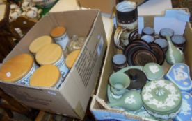 Two boxes of china to include Portmeirion "Variations by Susan Williams-Ellis" kitchen storage jars,